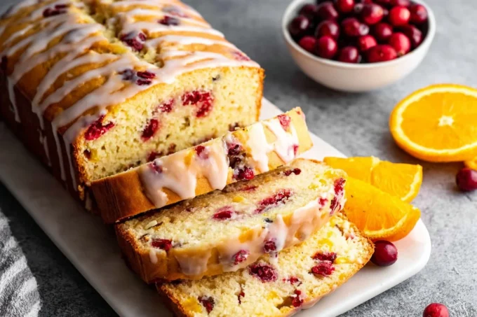 Moist Cranberry Orange Bread with citrus glaze on cooling rack