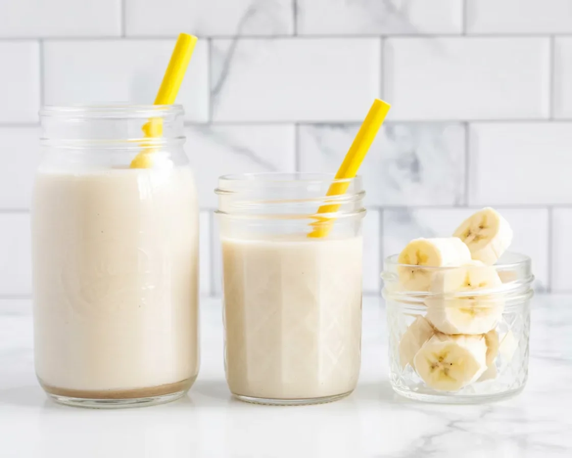 Creamy banana smoothie with milk, perfect for a healthy snack or breakfast.