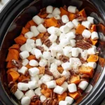 Crockpot Sweet Potato Casserole with marshmallows and pecans