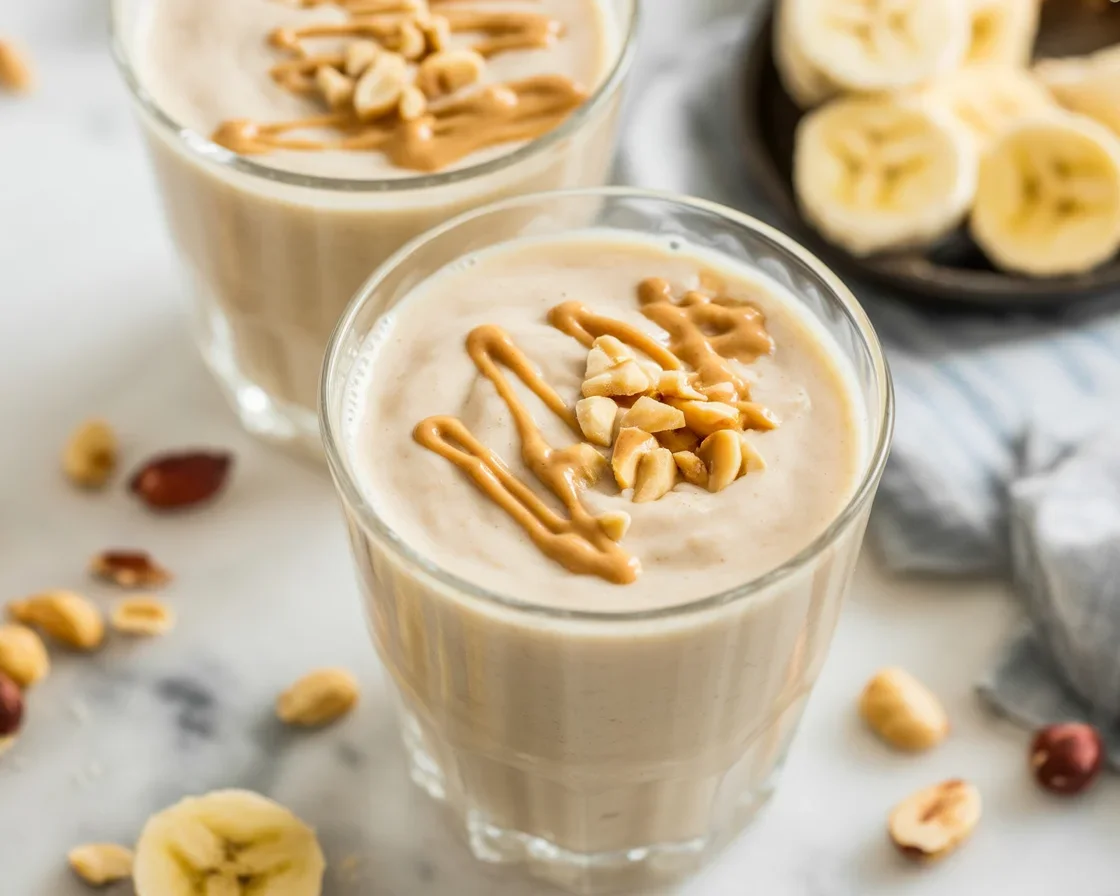Healthy banana smoothie made with ripe bananas and coconut milk, topped with cinnamon.