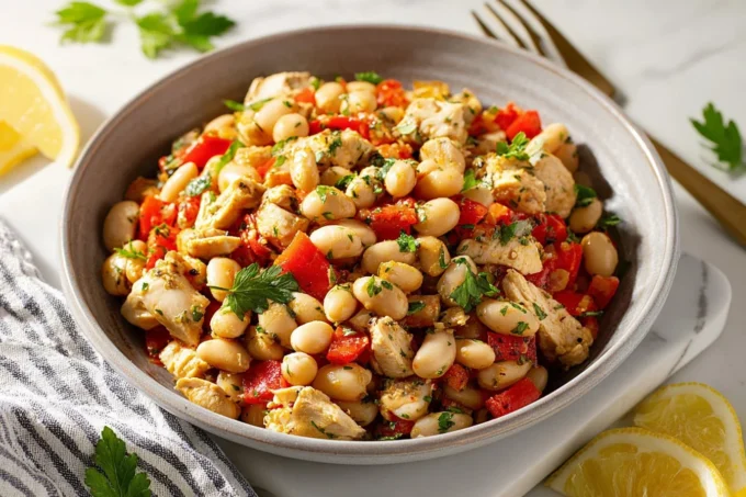Dense Bean Salad with Roasted Chicken served in a rustic bowl
