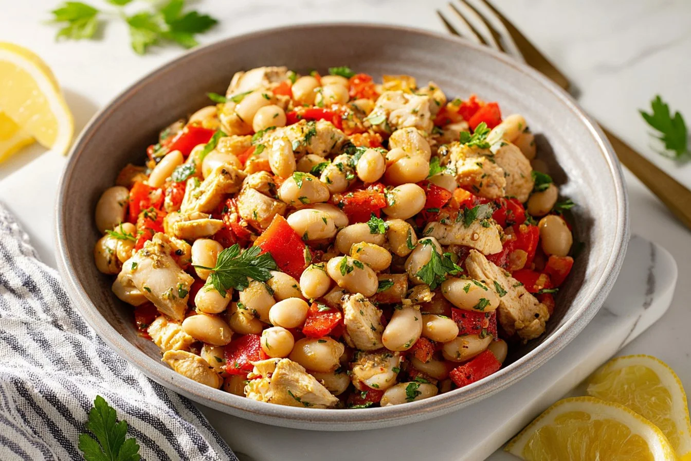Dense Bean Salad with Roasted Chicken served in a rustic bowl