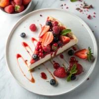 Slice of strawberry cheesecake topped with berries – easy homemade dessert recipe