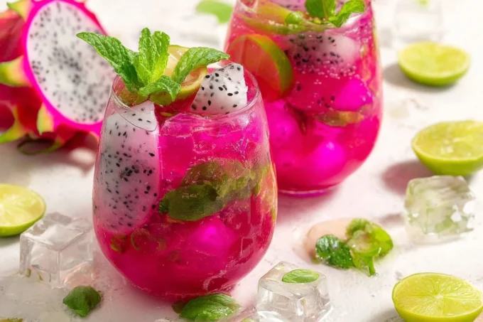Bright pink dragonfruit mojito mocktail with mint and lime on white marble.