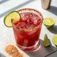 Glass of pomegranate lime mocktail with ice and chili-salt rim – refreshing drink recipe