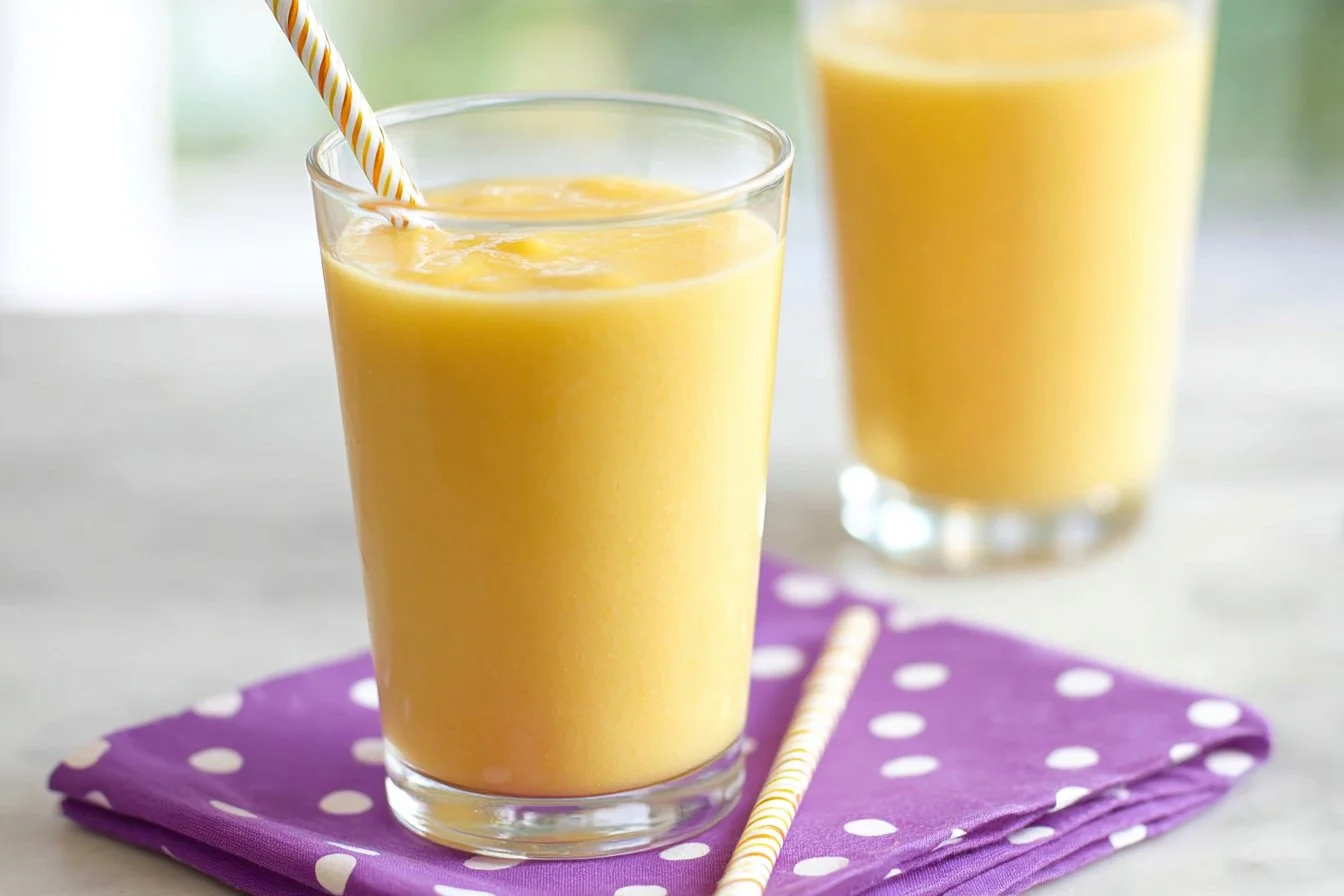 Easy 5 Minute Banana Smoothie in a tall glass with straw and citrus.