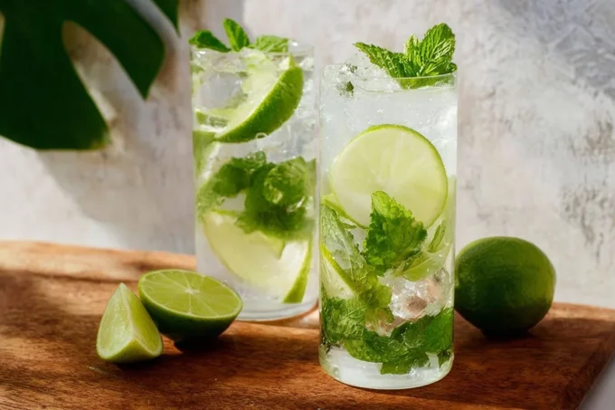 Easy Virgin Mojito Mocktail with lime wedges and fresh mint over ice