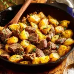 Skillet of garlic butter steak bites with golden potatoes and herbs, steaming and glossy.