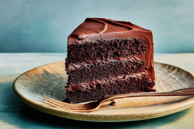 Gluten-free chocolate cake with chocolate frosting on a cake stand