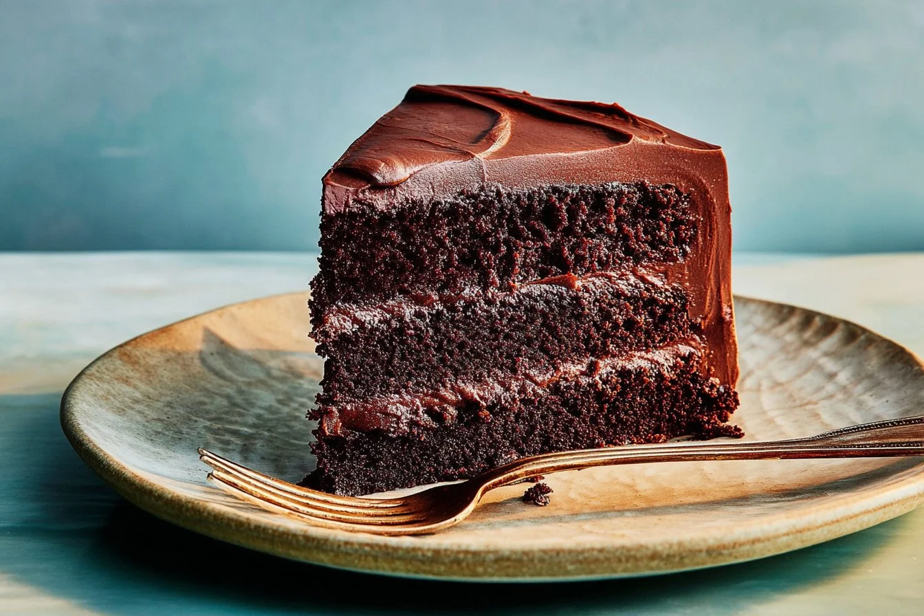 Gluten-free chocolate cake with chocolate frosting on a cake stand