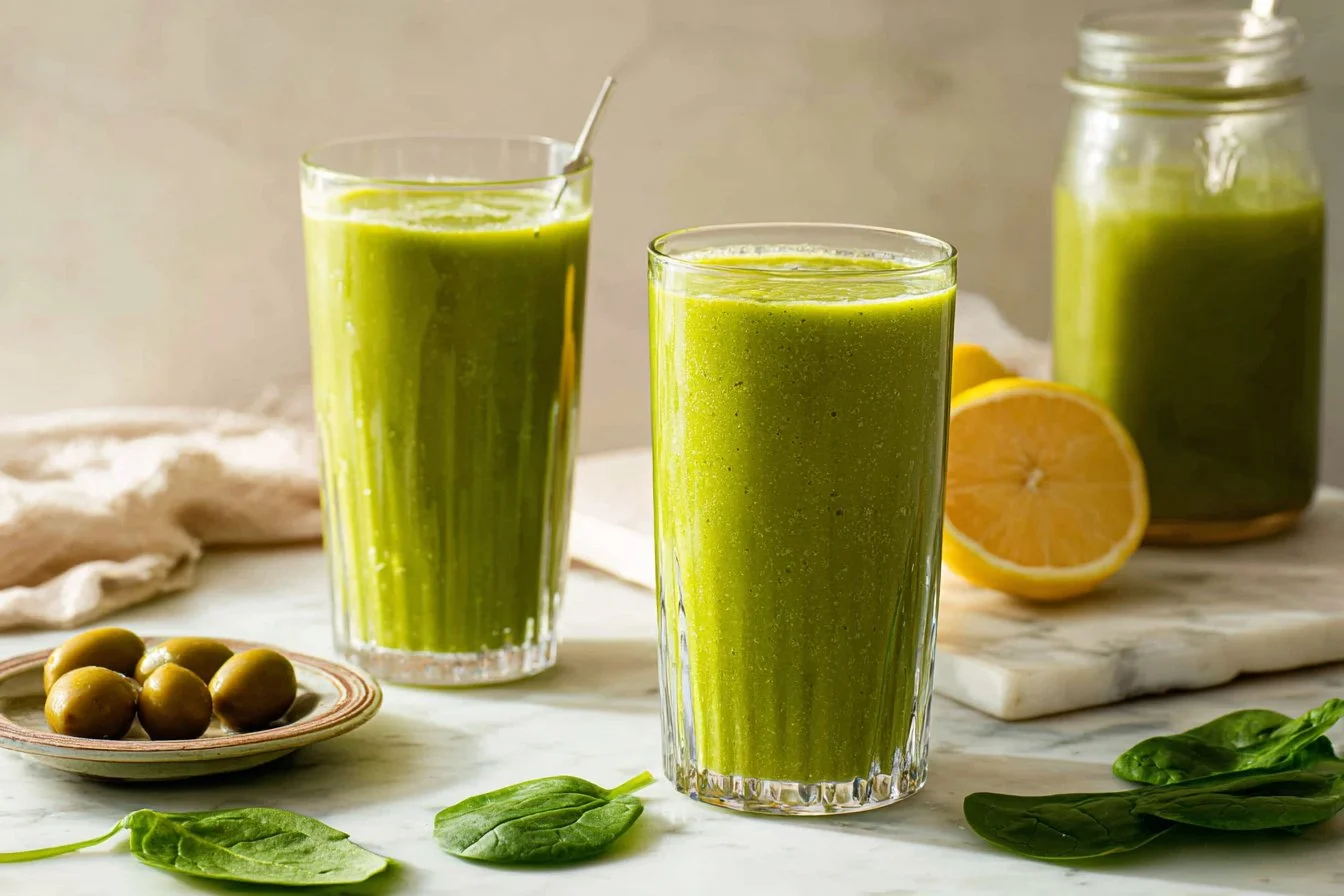 Tall glass of creamy green tea smoothie with mint and lemon.