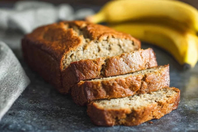 Healthy banana bread loaf with slices on parchment board