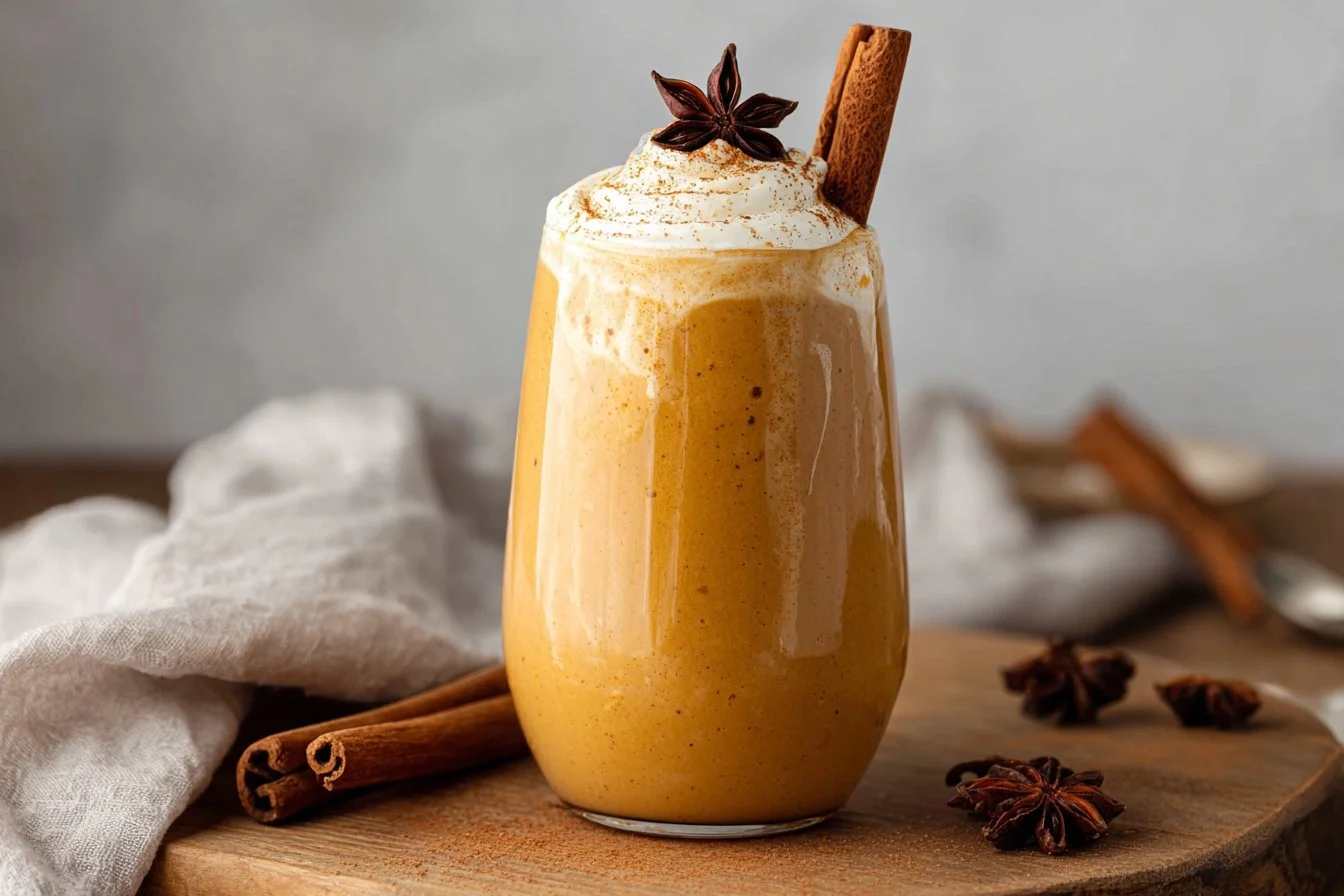 Healthy Pumpkin Smoothie in a tall glass with cinnamon and straw.