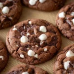 Freshly baked Hot Chocolate Cookies with melted chocolate and marshmallows