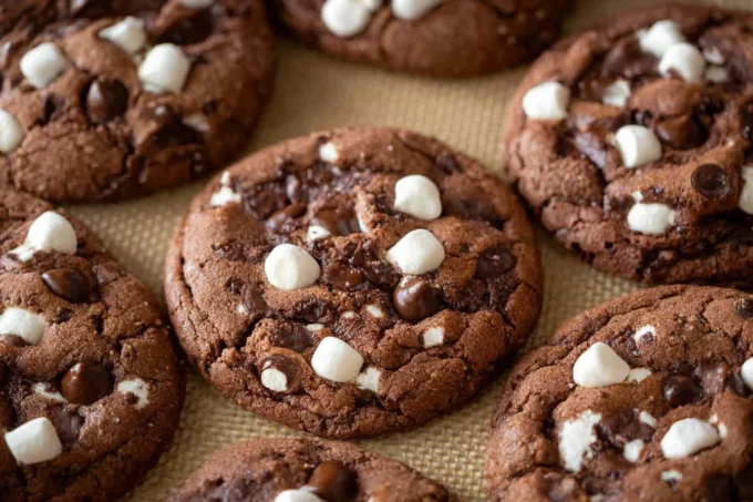Freshly baked Hot Chocolate Cookies with melted chocolate and marshmallows