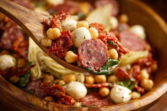 La Scala Bean Salad with chickpeas, salami, mozzarella, and basil