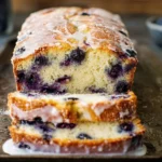 Sliced lemon blueberry bread with juicy berries and lemon zest on marble