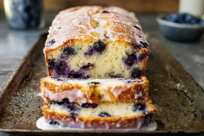 Sliced lemon blueberry bread with juicy berries and lemon zest on marble