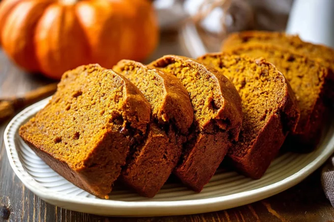 Moist pumpkin bread loaf with chocolate chips on a cooling rack