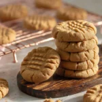 Stack of classic peanut butter cookies on a wooden plate.