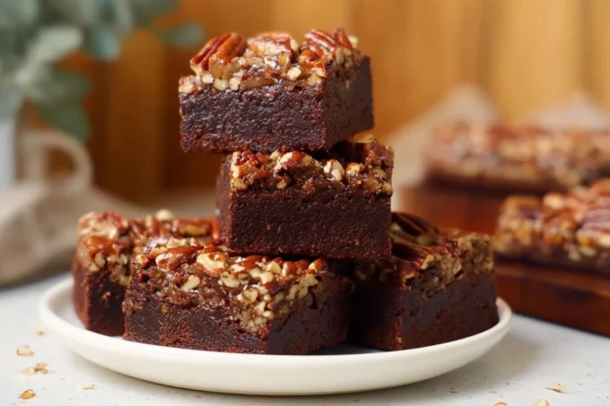 Freshly baked Pecan Pie Brownies with glossy pecan topping