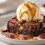 Freshly baked Pecan Pie Brownies with glossy pecan topping