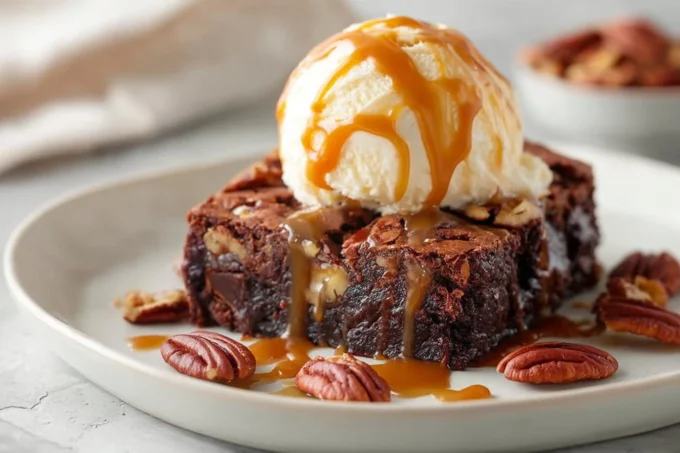 Freshly baked Pecan Pie Brownies with glossy pecan topping