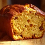 Perfectly moist pumpkin bread loaf with slices and a mug of coffee in warm window light.
