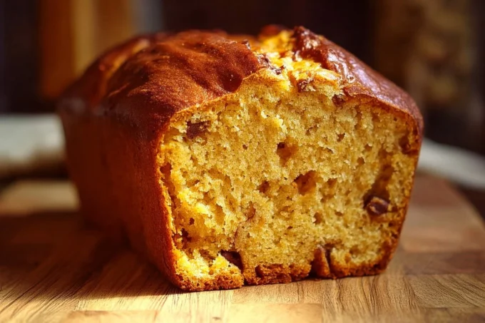 Perfectly moist pumpkin bread loaf with slices and a mug of coffee in warm window light.