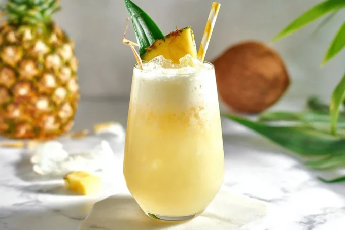 Pineapple Colada Mocktail in a chilled hurricane glass with pineapple wedge