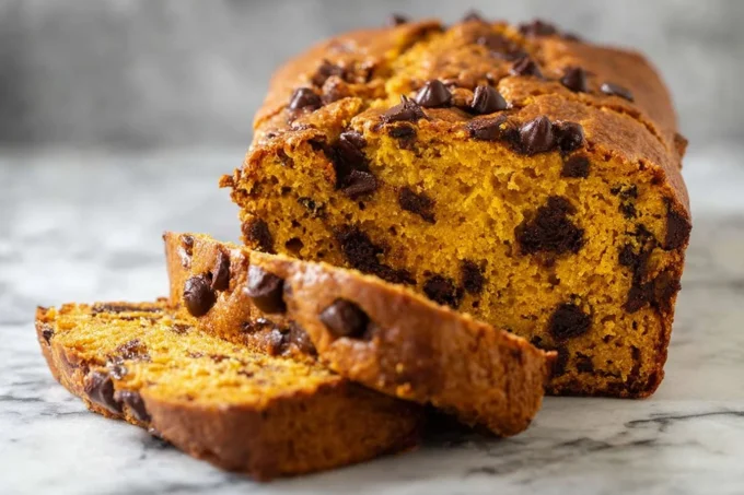Pumpkin chocolate chip bread loaf with slices and melty chips on a board