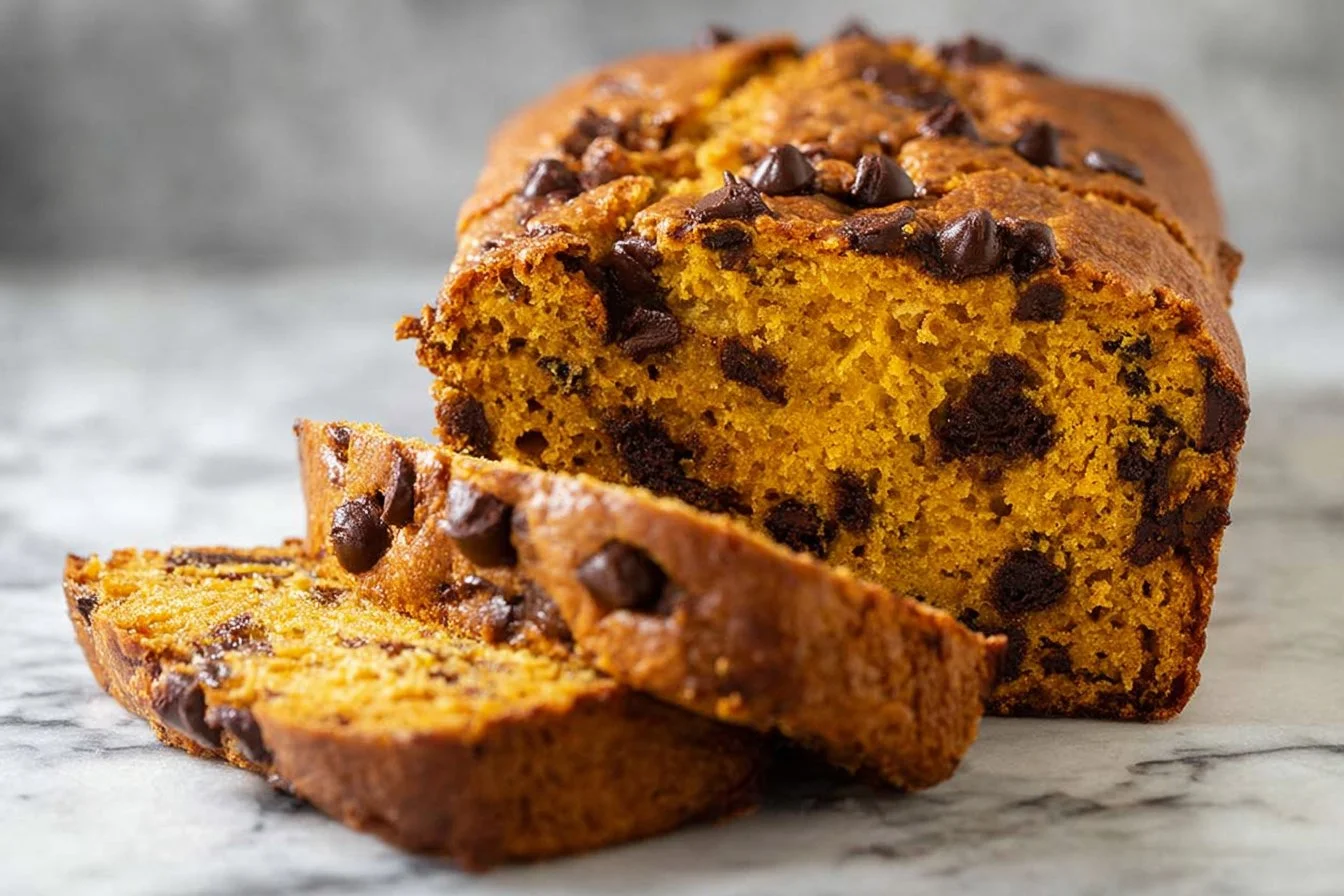 Pumpkin chocolate chip bread loaf with slices and melty chips on a board