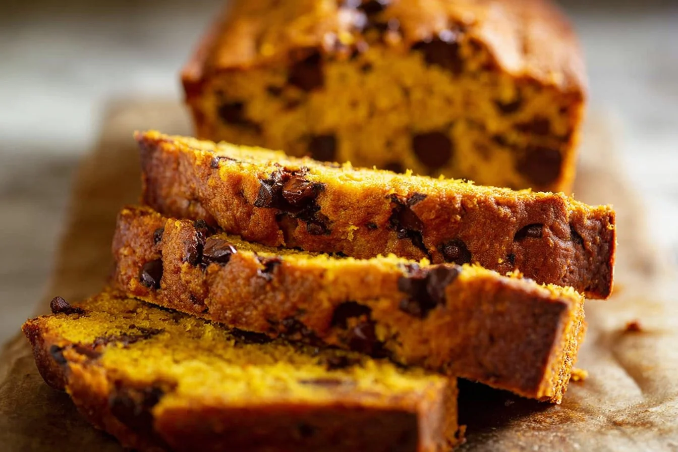Pumpkin Chocolate Chip Bread loaf with slices and melty chips on a cooling rack