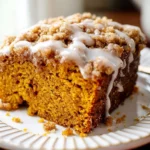 Pumpkin coffee cake with crumb topping and icing next to a mug of coffee.