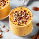 Tall creamy pumpkin pie smoothie with cinnamon and straw.