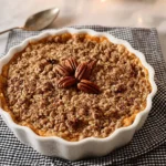 Slow Cooker Sweet Potato Casserole topped with pecans and brown sugar crumble
