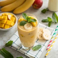 Glass of banana mango smoothie with banana slices and mint – healthy smoothie recipe