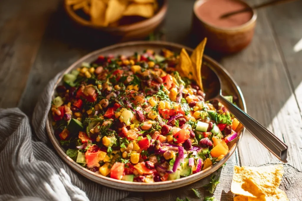 Colorful Southwest Dense Bean Salad featuring a mix of beans and fresh vegetables