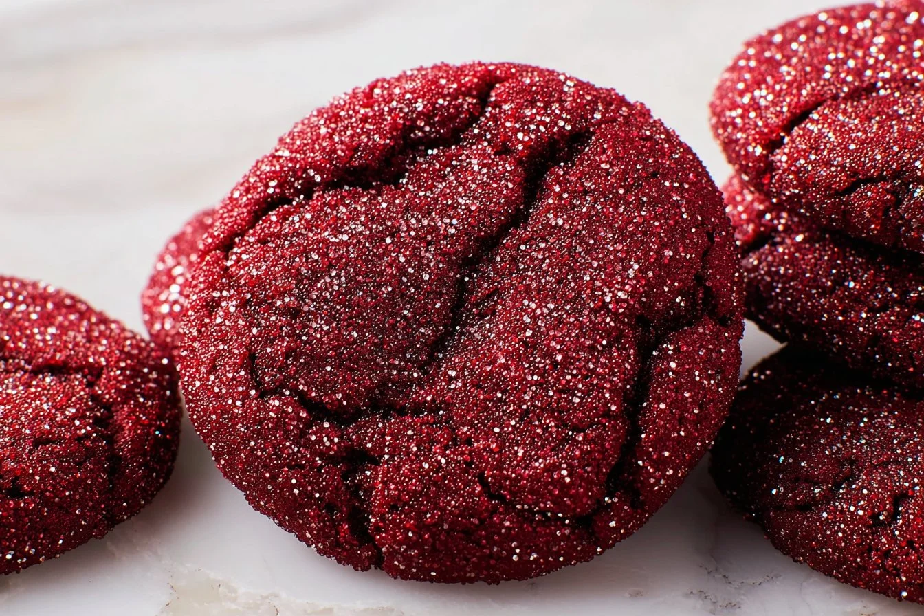 Sparkly red velvet cookies with a sugared finish on a plate