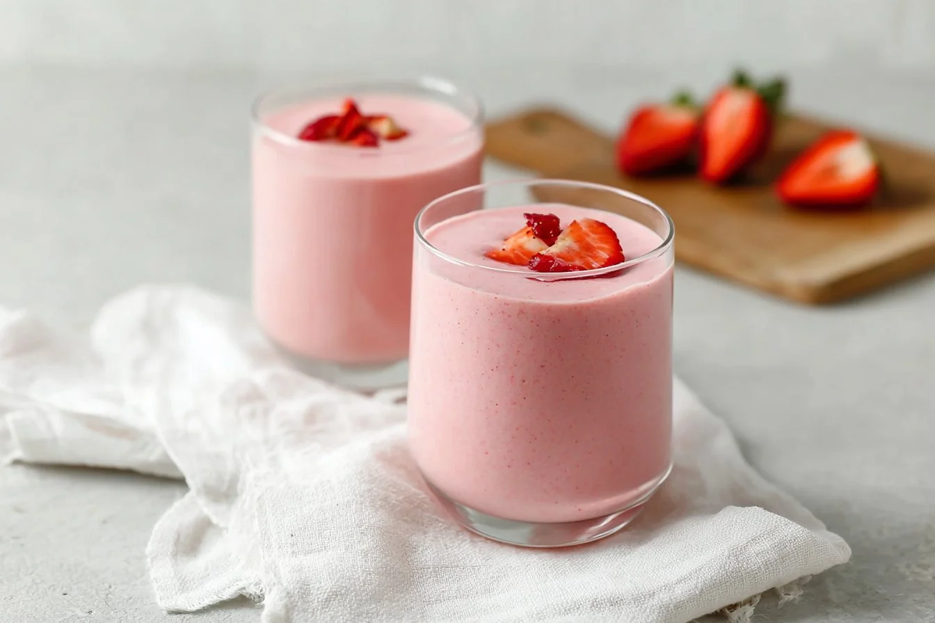 Tall glass of strawberry banana smoothie garnished with strawberry and banana.