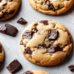 Freshly baked chocolate chip cookies cooling on a rack