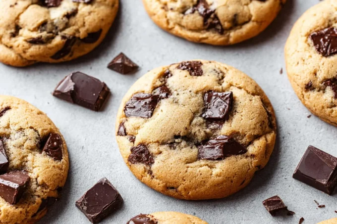 Freshly baked chocolate chip cookies cooling on a rack