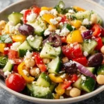 The Easiest Chickpea Greek Salad with feta, olives, and colorful peppers