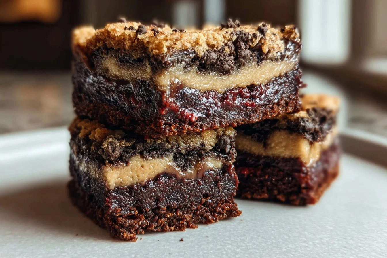 A stack of amazing slutty brownies with layers of fudge, cookie dough, and Oreos.