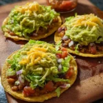 Colorful bean tostadas topped with guacamole, lettuce, cheese, and salsa