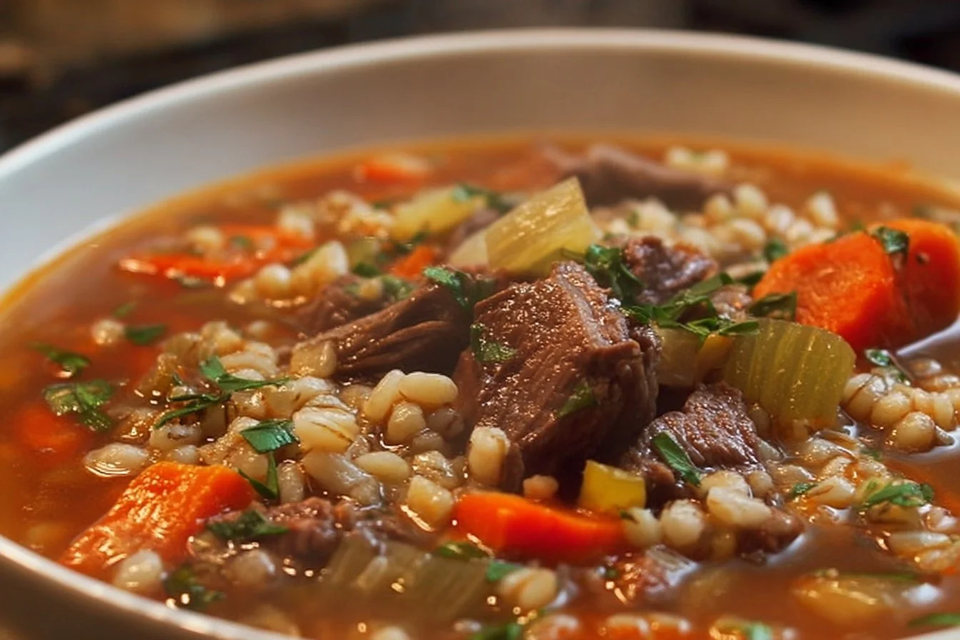 Bowl of delicious Beef and Barley Soup with vegetables and herbs
