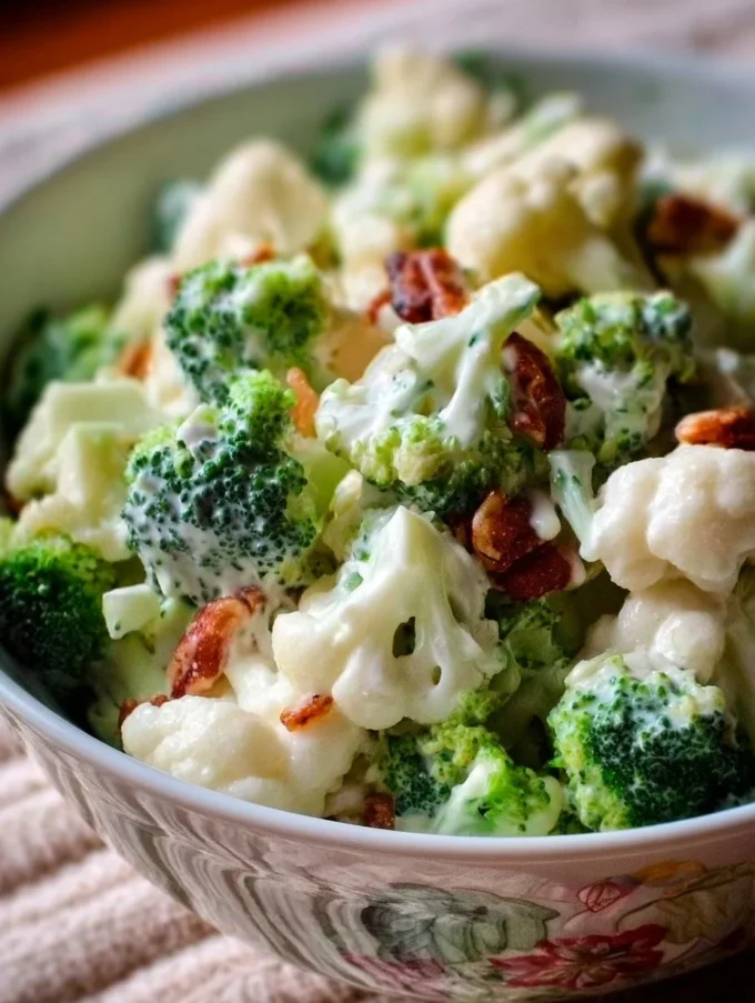 Colorful Broccoli Cauliflower Salad with vegetables and dressing in a bowl