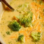 Delicious bowl of creamy Broccoli Cheddar Soup topped with cheese and broccoli