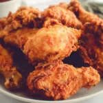 Coating marinated chicken in seasoned flour for a buttermilk fried chicken recipe