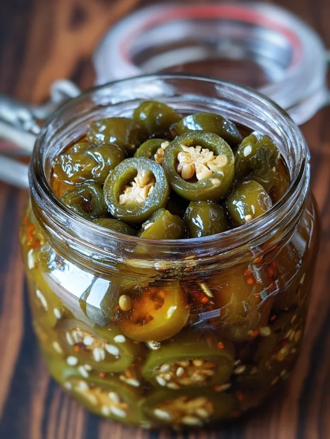Jar of homemade candied jalapeños with spices and syrup